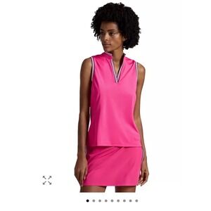 RLX Ralph Lauren Golf Polo M Pink New Sleeveless Striped Trim V-Neck Performance